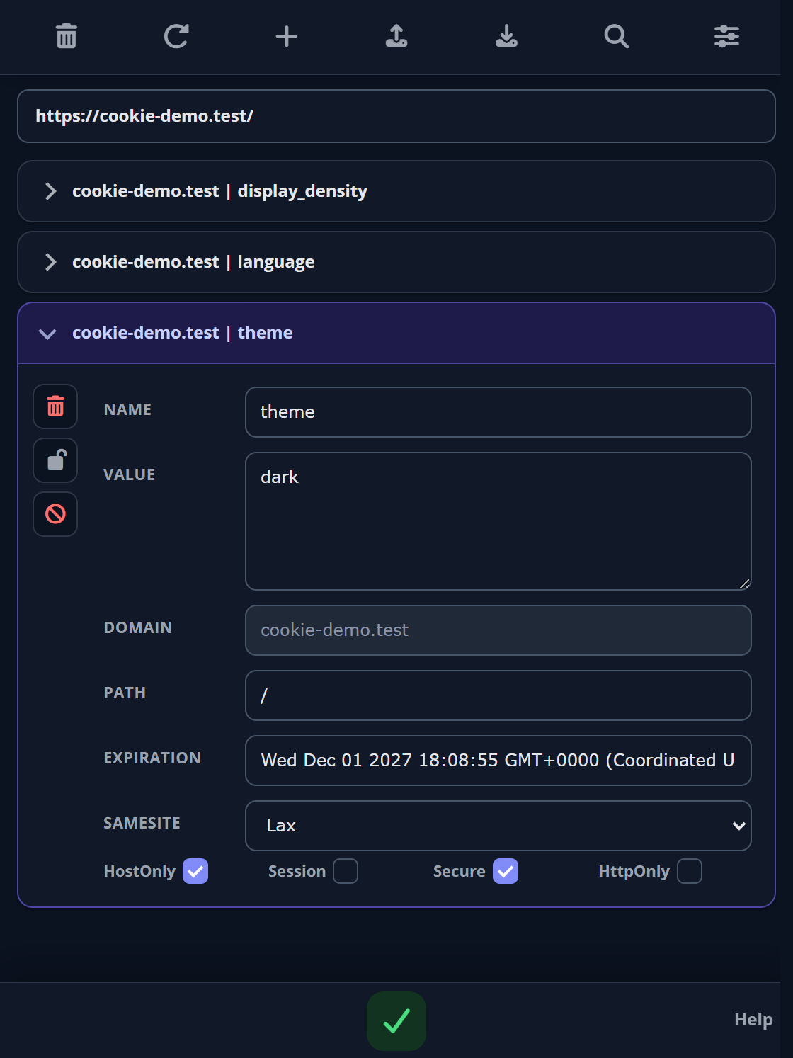 Actual cookie editor after choosing Dark in the extension’s Theme setting