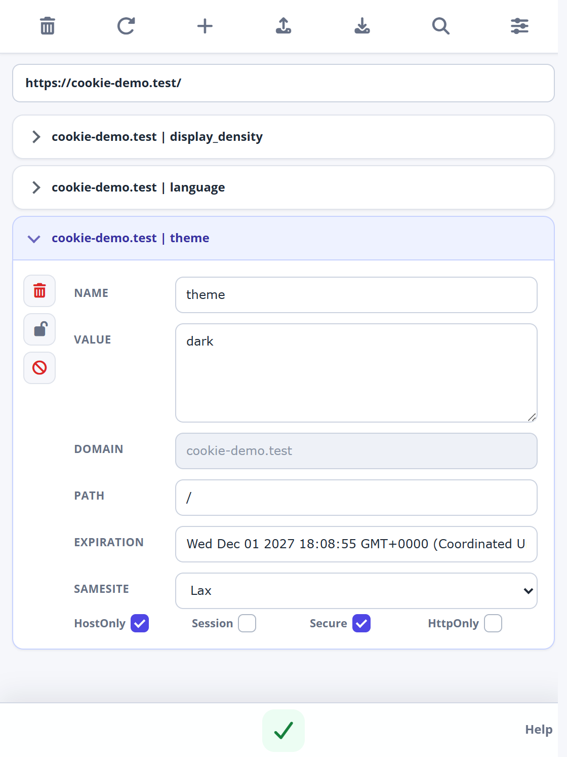 Actual EditThisCookie popup showing the toolbar, expanded theme cookie, individual controls and green submit checkmark