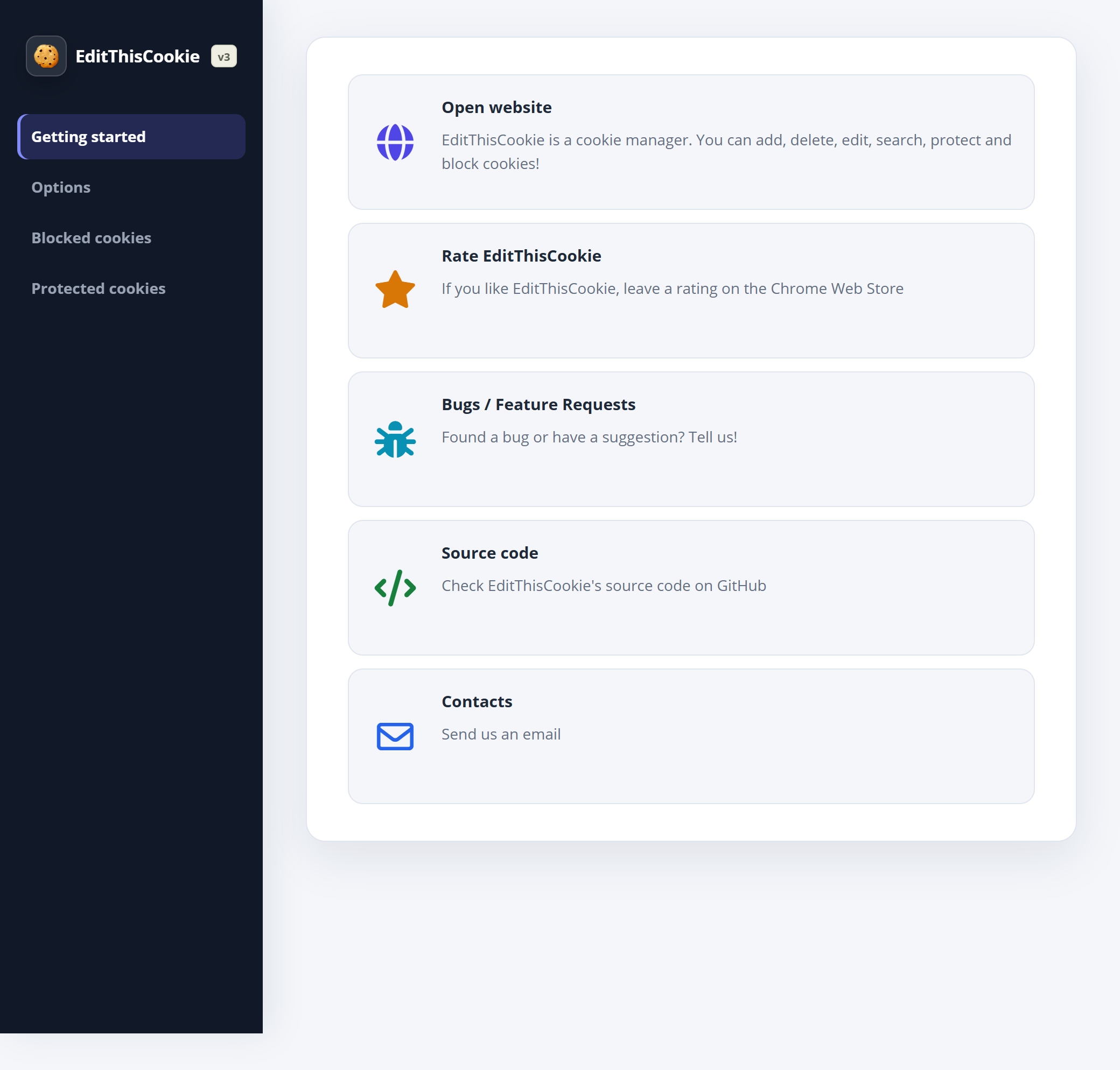 Actual Getting started page inside the extension, with website, reviews, issue tracker, source and contact links