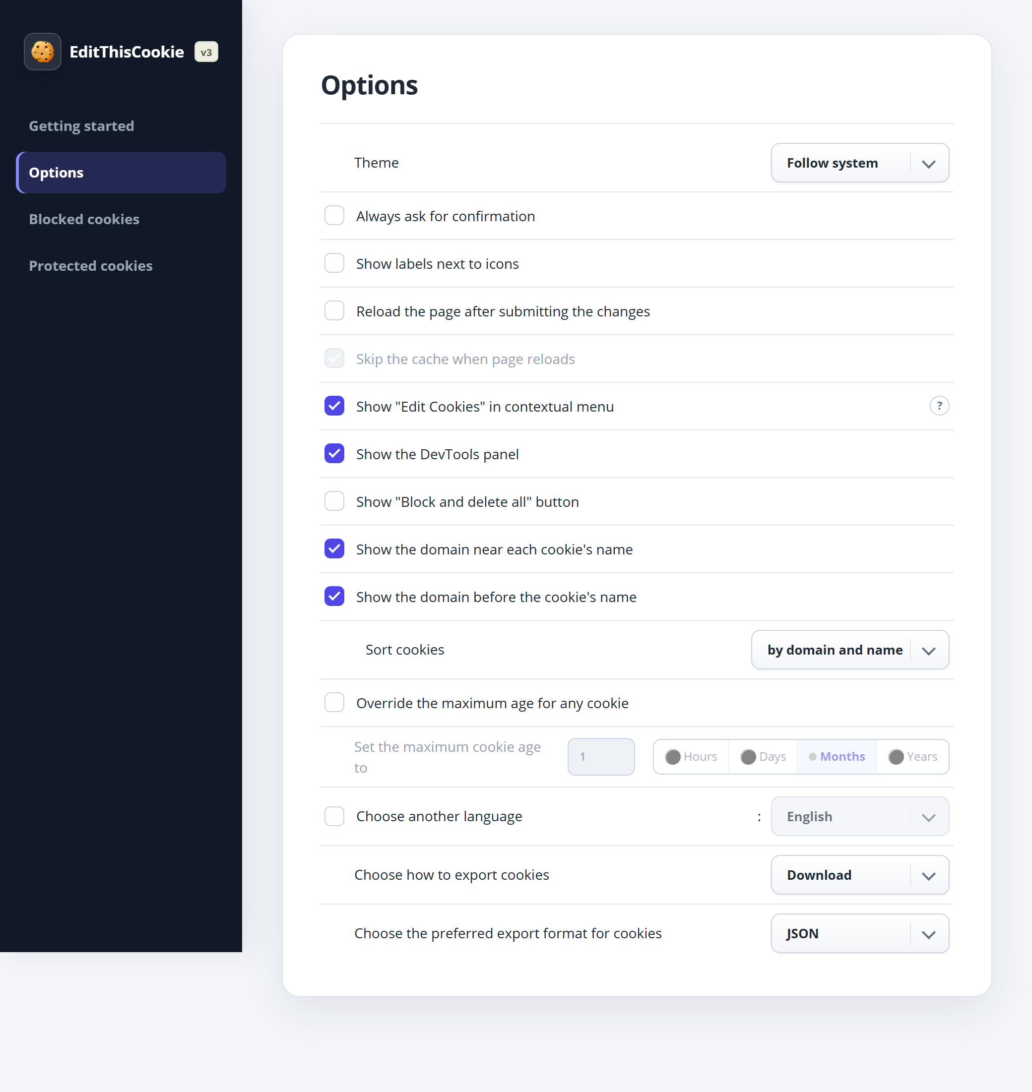 Actual updated Options page showing Theme, confirmation, labels, reload, cookie display, maximum age, language and export settings
